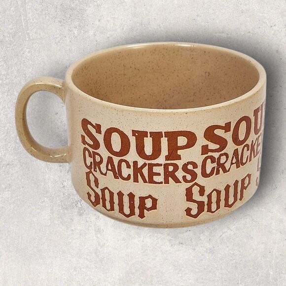 Vintage 1970s Soup Crackers Soup Mug Japan Stoneware Retro Typography Soup Bowl - Picture 1 of 7